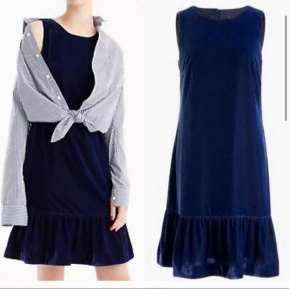 J Crew Blue Ruffle Hem Velvet Dress 10 - Picture 3 of 13